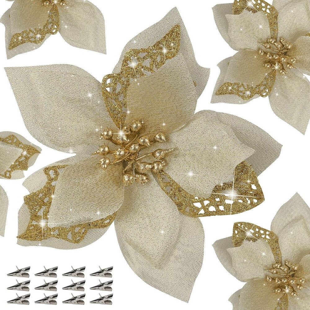 12 PCS Poinsettia Flower Artificial Poinsettia Christmas Decoration‎ 5.9'' Gold